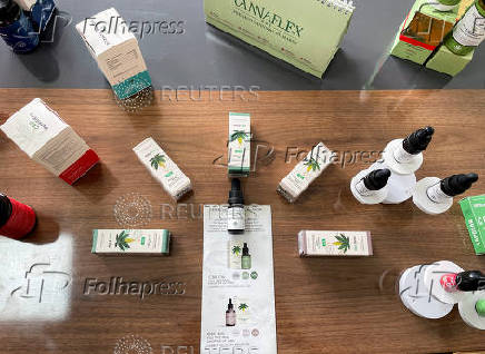 Cannabis-based oils and products are displayed at Biocannat Cooperative, near the northern town of Bab Berred