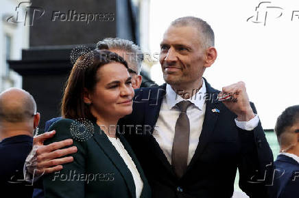 Siarhei Tsikhanouski attends a rally organised by Belarusian diaspora in Warsaw