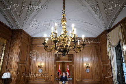 Britain's PM Starmer delivers statement inside No. 10 Downing Street, in London