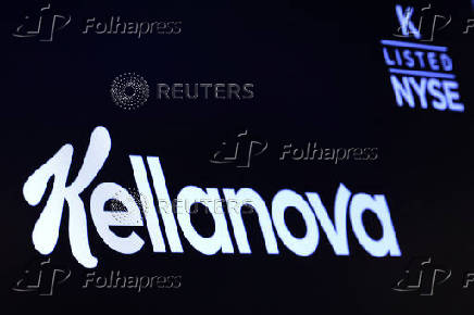 A screen displays the the company logo for Kellanova, formerly known as the Kellogg Company, on the floor of the NYSE in New York