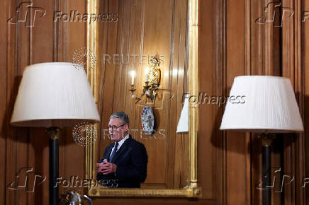 Britain's PM Starmer delivers statement inside No. 10 Downing Street, in London
