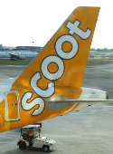 A Scoot plane sits on the tarmac at Changi Airport in Singapore