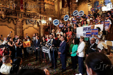 U.S. Rep. Espaillat (D-NY) and NY mayoral candidate Mamdani attend a press conference, in New York City