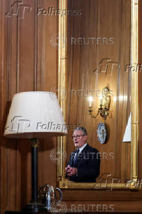 Britain's PM Starmer delivers statement inside No. 10 Downing Street, in London