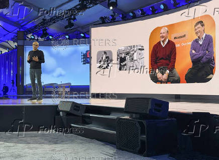 Microsoft CEO Satya Nadella speaks at the company's 50th anniversary celebration in Redmond