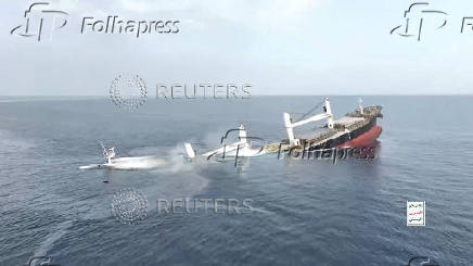FILE PHOTO: A vessel said to be Greek-operated, Liberia-flagged Eternity C sinks in a footage released by Yemen's Houthis, in the Red Sea