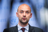 France's Minister for Europe and Foreign Affairs Jean-Noel Barrot speaks during a stakeout outside the Security Council at U.N. Headquarters in New York