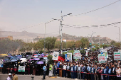 University students and professors demonstrate in solidarity with Palestinians, in Sanaa