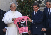 Pope Leo XIV meets the participants of Giro d'Italia at the Vatican