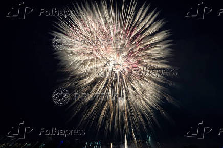 Fireworks explode near the Air Force Memorial during a Fourth of July celebration at the White House in Washington