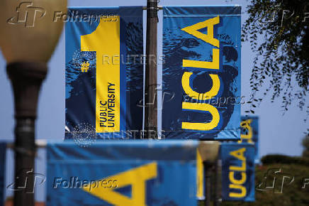 Banners hang at the University of California Los Angeles (UCLA) in Los Angeles