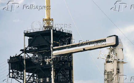A Falcon 9 rocket stands at the pad before its upcoming launch of the Axiom-4 crewed mission to the International Space Station