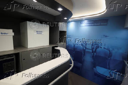 A life size designer's mock up of the interior of an HS2 rail carriage is pictured at The Greatest Gathering, in Derby