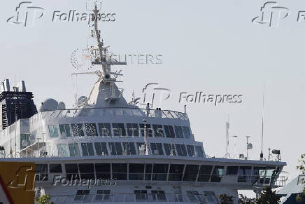 A view shows the Crown Iris, a vessel which will be used to assist in the departure of Israelis from Cyprus, at the port of Larnaca