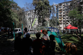 Apartment building damaged during Russian drone and missile strikes, in Kyiv
