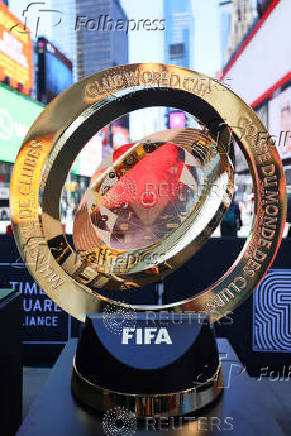 The FIFA Club World Cup 2025 winners trophy is displayed in Times Square in New York City