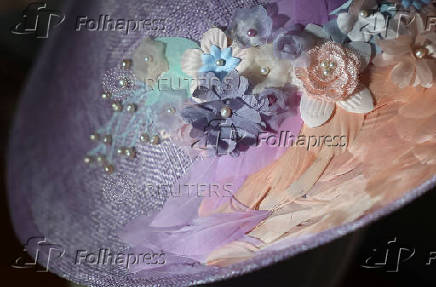 Details of a bespoke hat created by milliner Merve Bayindir ahead of the Ascot horse racing festival, in London