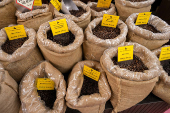 Coffee beans, including those from Brazil, are displayed for sale at Porto Rico Importing Co. coffee seller, in New York City