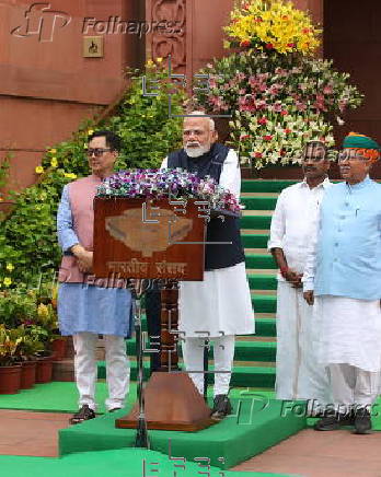 Indian Prime Minister Narendra Modi addresses the media ahead of Parliament monsoon session in New Delhi