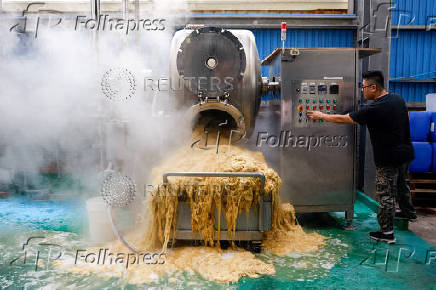 A staff member from Farm to Material operates one of the machines that processes banana pseudostems into fiber at a facility in Changhua