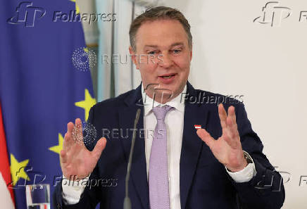 Austrian Vice Chancellor Babler addresses a press conference in Vienna