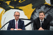 Merz, Klingbeil, Soeder and Esken attend a press conference at the chancellery in Berlin