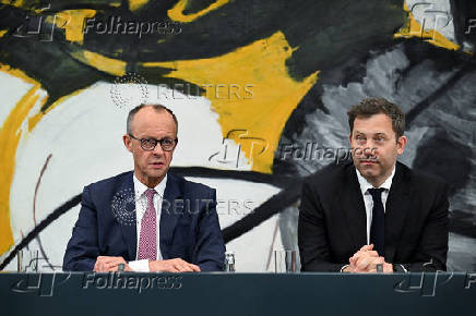Merz, Klingbeil, Soeder and Esken attend a press conference at the chancellery in Berlin