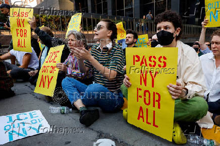 People protest against ICE outside U.S. immigration court in New York