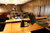 A view from the judge's bench inside a federal courtroom similar to the room where the  trial of Sean (P. Diddy) Combs is being held in Federal District court in Manhattan