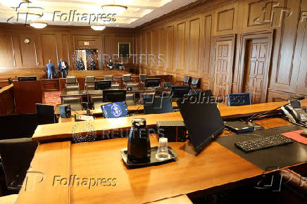 A view from the judge's bench inside a federal courtroom similar to the room where the  trial of Sean (P. Diddy) Combs is being held in Federal District court in Manhattan