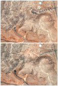 A combination picture shows tunnel entrances to the Isfahan Nuclear Technology Research Center before and after being hit by U.S. airstrikes