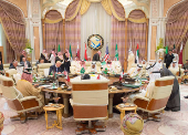 FILE PHOTO: U.S. President Donald Trump sits down to a meeting with of Gulf Cooperation Council leaders, including Saudi Arabia's King Salman bin Abdulaziz Al Saud, during their summit in Riyadh