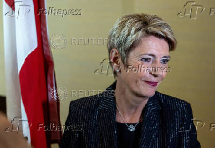 FILE PHOTO: Swiss President Keller-Sutter talks to the media in Geneva