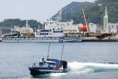 A Black Tide unmanned surface vehicle, developed by Lungteh Shipbuilding company, is seen at a sea drone event in Yilan