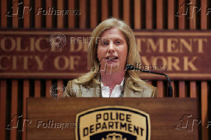 New York City Police Department (NYPD) Commissioner Jessica Tisch speaks during a press conference at 1 Police Plaza in New York City