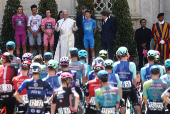 Pope Leo XIV meets the participants of Giro d'Italia at the Vatican