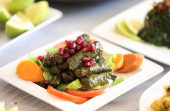 Stuffed grape leaves are placed on a table at Zainab Khalifeh's restaurant, a Lebanese who turned a part of her home into a restaurant and called it 'Zainab's table' in the town of Sarafand