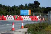 A view shows the construction site entrance to Sizewell C in Suffolk England