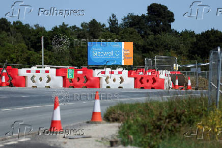 A view shows the construction site entrance to Sizewell C in Suffolk England