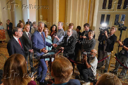 U.S. Senate Majority Leader John Thune holds a press conference on Capitol Hill