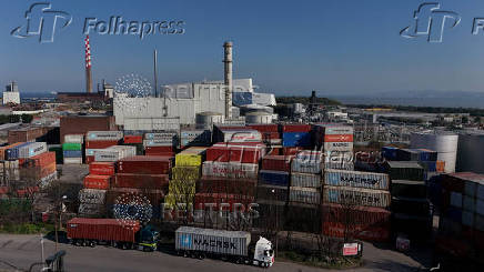 A drone view of shipping containers at Dublin Port, in Dublin