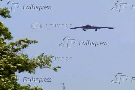 A U.S. Air Force B-2 stealth bomber returns after the U.S. attacked key Iranian nuclear sites, at Whiteman Air Force Base in Missouri
