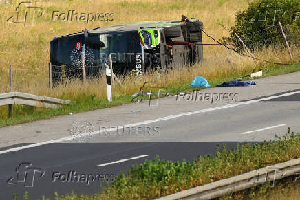 A view of the scene of a crashed FlixBus bus that was en route from Copenhagen to Berlin