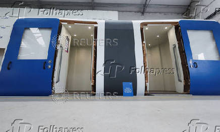 A life size designer's mock up of the interior of an HS2 rail carriage is pictured at The Greatest Gathering, in Derby