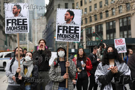 Protesters gather to call for the release of Mahmoud Khalil, in Manhattan