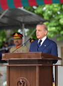 Pakistan's Prime Minister Shehbaz Sharif, speaks during the passing out ceremony of 151st Long Course at the Pakistan Military Academy Kakul, Abbottabad
