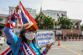 Royalist activists protest in front of the Royal Embassy of Cambodia, following a recent clash at the Thailand-Cambodia border on May 28, 2025, in Bangkok