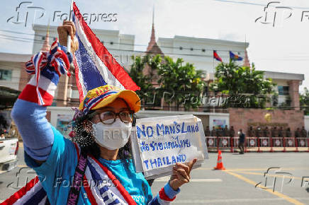 Royalist activists protest in front of the Royal Embassy of Cambodia, following a recent clash at the Thailand-Cambodia border on May 28, 2025, in Bangkok