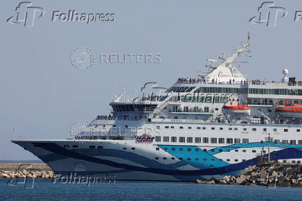 Cruise ship Crown Iris, which assists in the departure of Israelis from Cyprus, departs the port, as seen from Limassol