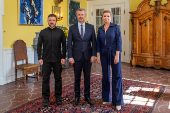 Denmark's King Frederik receives Ukraine's President Volodymyr Zelensky during an audience at Marselisborg Palace in Aarhus
